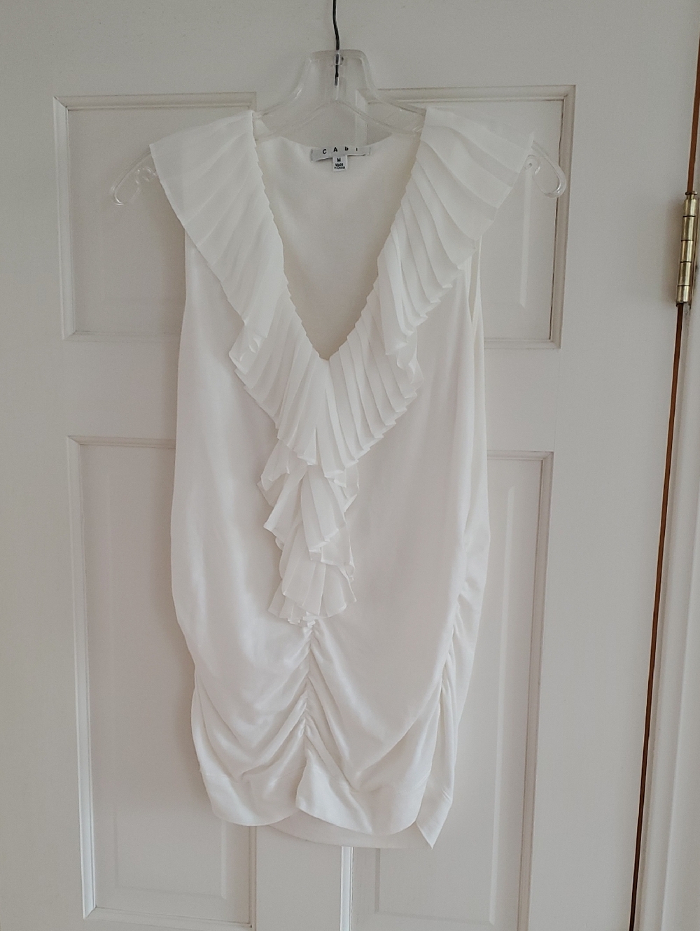 CAbi White Sleeveless Ruffle-Front Blouse